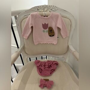 🤍 3~6 Mth Organic Cotton White and Pink Floral Baby Sweater Set With Bow NWT